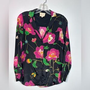 Sezane Asian Floral Print 100% Silk Black Pink Button Blouse SZ XS (34)